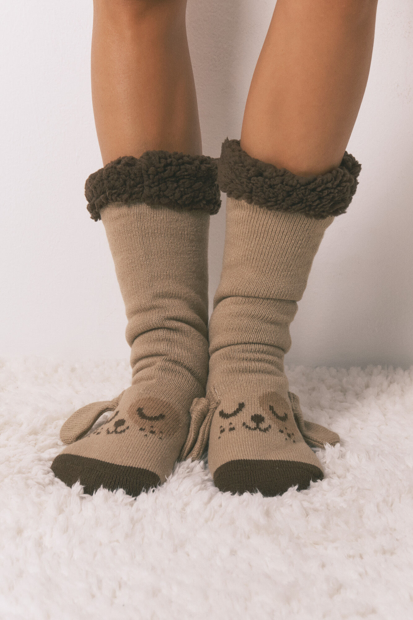 Women'secret Brown tricot long socks with dog print