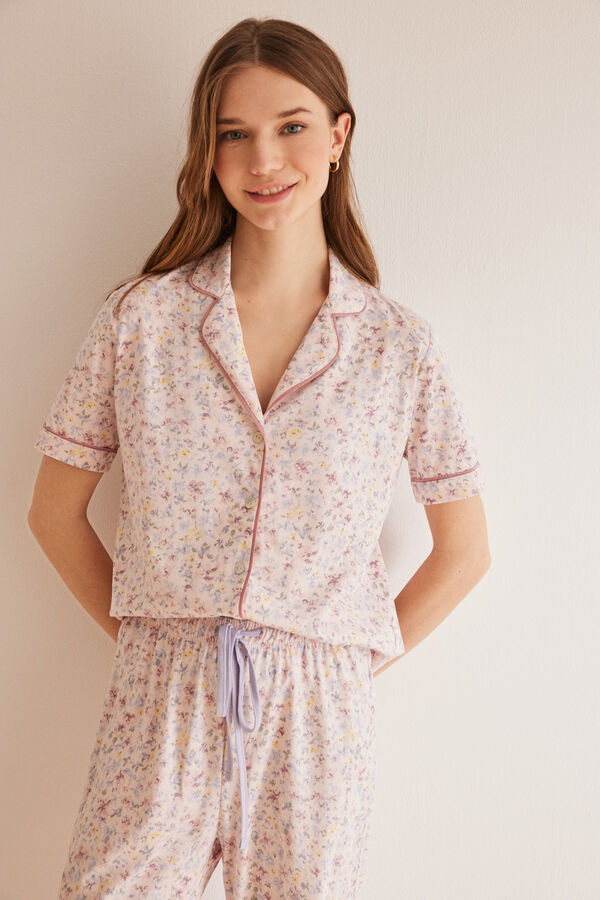 Womensecret Virágmintás, inges pizsama 100% pamutból rózsaszín
