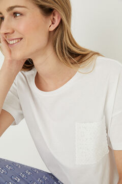 Womensecret Langer Pyjama 100 % Baumwolle Weiß und Blau Blumen-Print Weiß