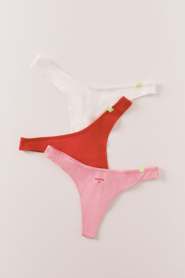 HI&BYE Pink, red, white cotton thong panties 3-pack white