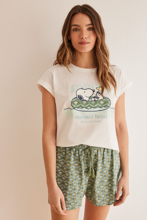 Womensecret Snoopy-mintás rövidnadrágos pizsama, 100% pamutból bézs
