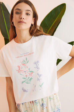 Womensecret Pyjama 100 % Baumwolle Caprihose Weiß Blumen Naturweiß