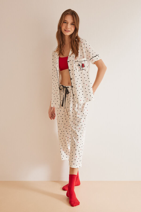 Womensecret Snoopy-mintás, 100% pamut inges pizsama fehér