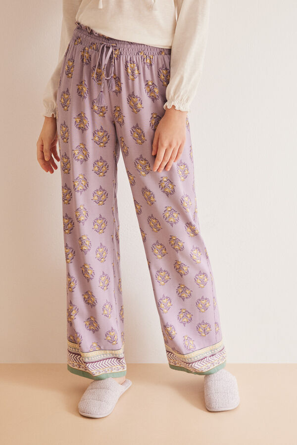 Womensecret Pantalon pyjama long viscose à fleurs rose