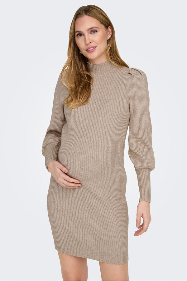 Only Maternity Vestido punto premam&aacute; de cuello alto y mangas abullonadas marr&oacute;n