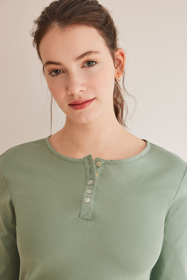 Womensecret Zöld színű, hosszú ujjú, gombos nyakú póló 100% pamutból zöld