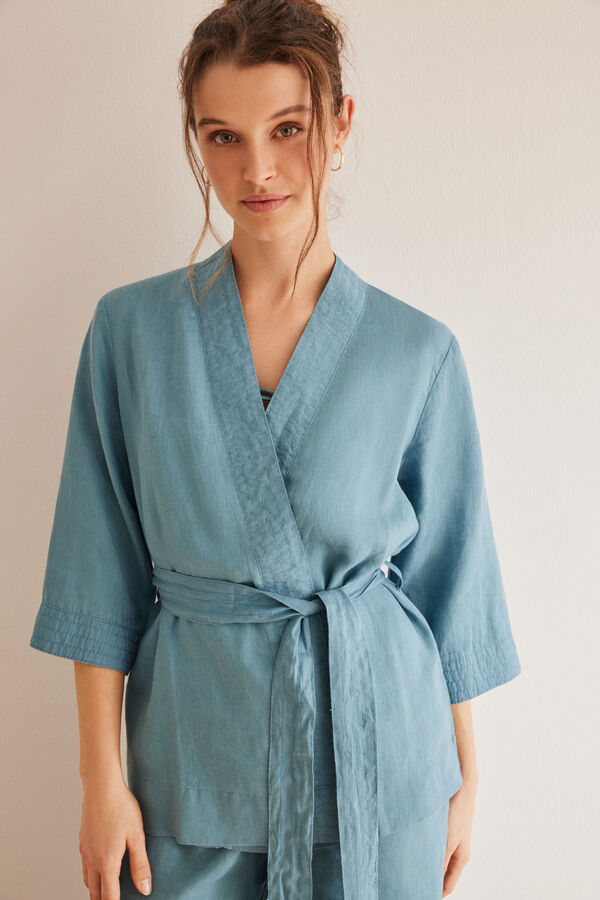 Womensecret Trodijelni laneni komplet pidžame Plava