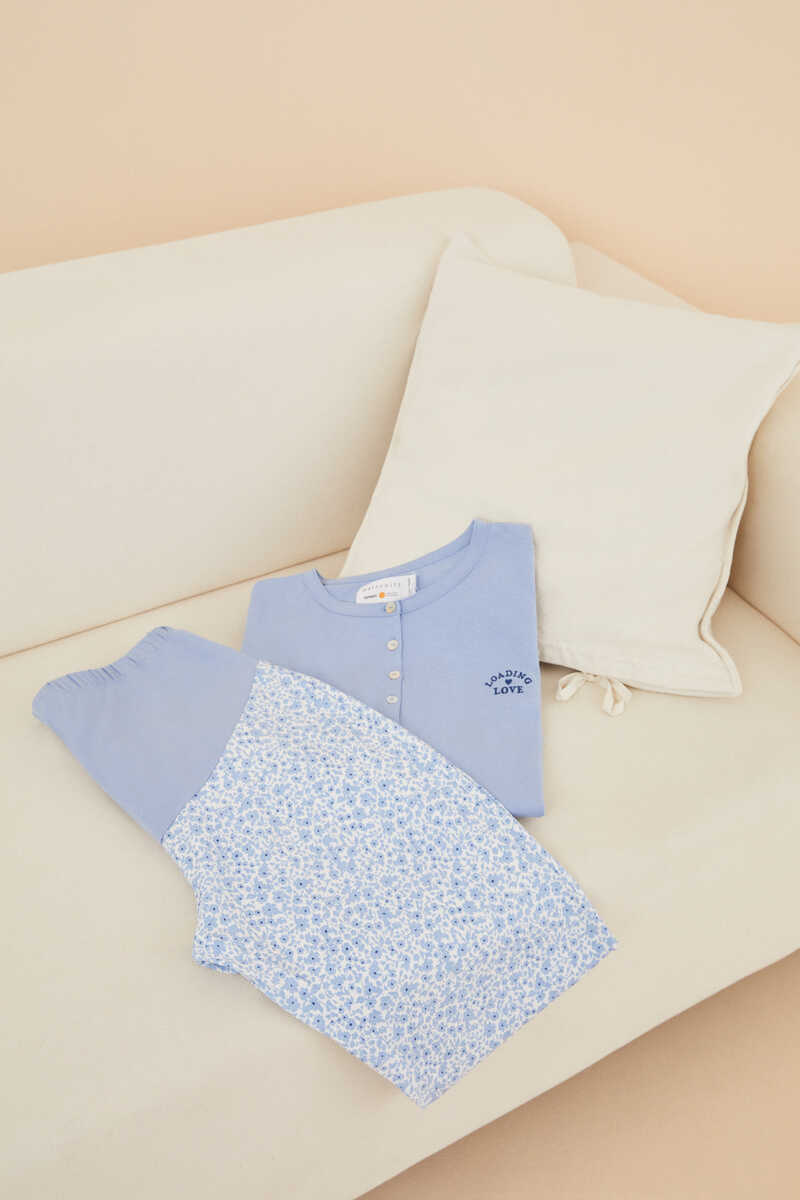 Womensecret Pyjama long « maternity » 100 % coton fleurs bleu