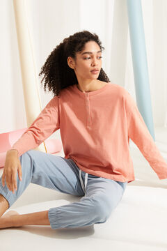 Womensecret Coral cotton long-sleeved Henley top pink