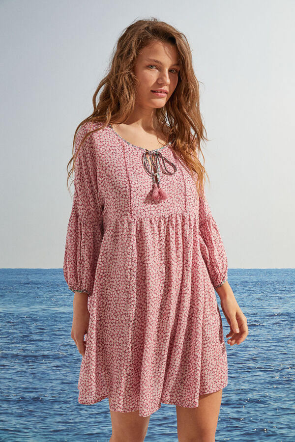 Womensecret Short pink printed tunic dress with tassels pink