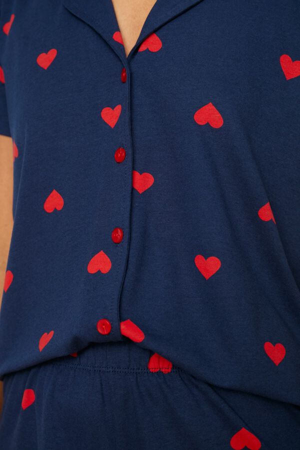 Trendyol Conjunto pijama camisero corto corazones azul