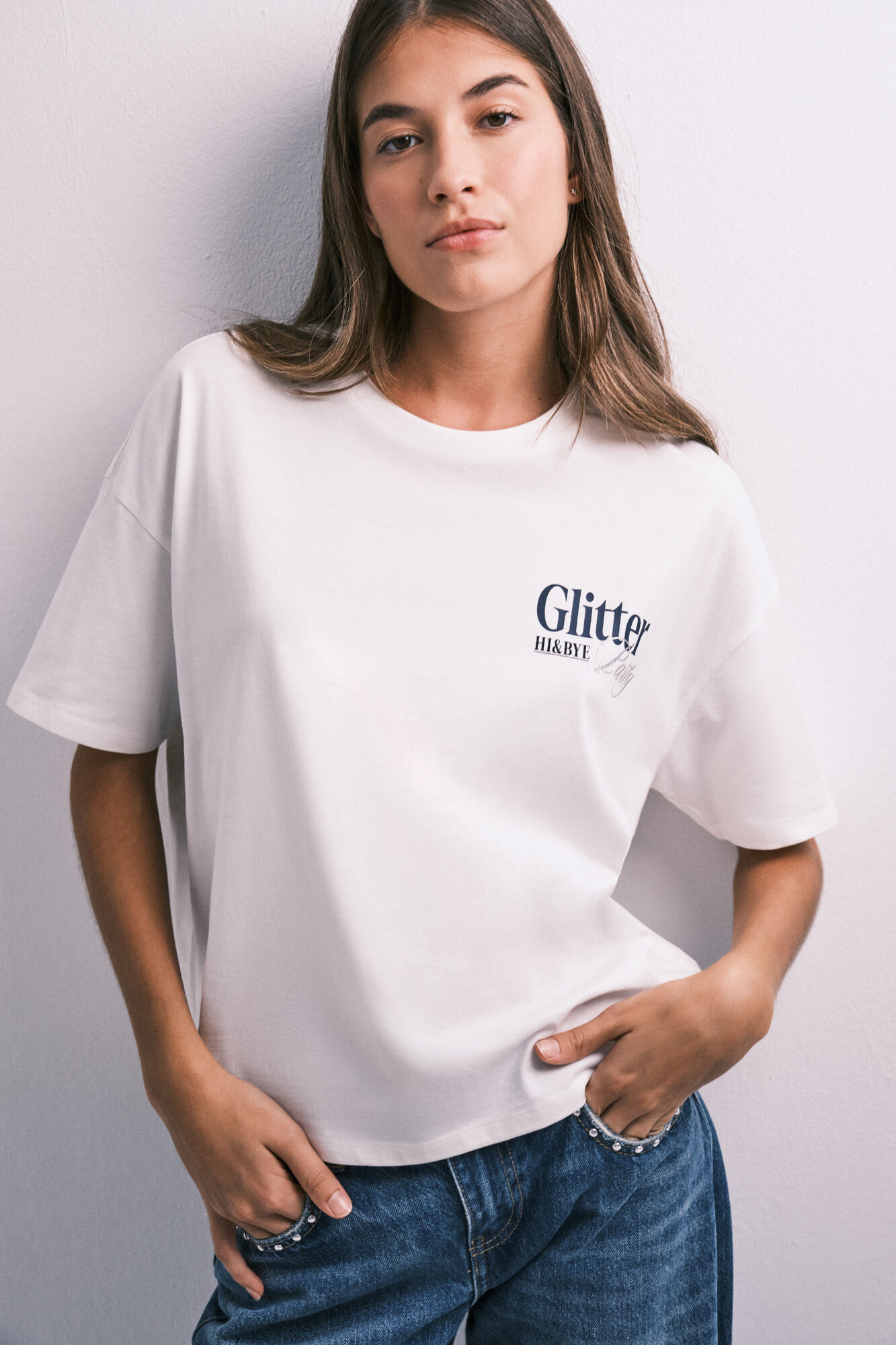 HI&BYE Ecru glitter short sleeve T-shirt