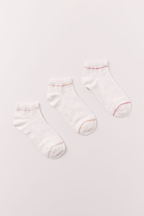 Women'secret Lot de 3 chaussettes courtes &agrave; rayures contrast&eacute;es blanc