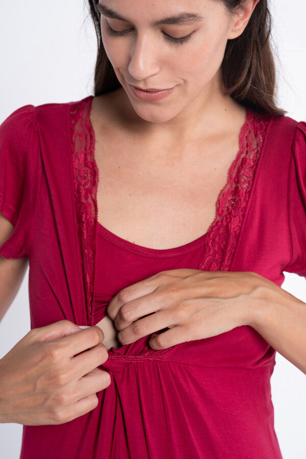 Ohma! Camis&oacute;n De Lactancia Manga Corta Con Encaje burdeos