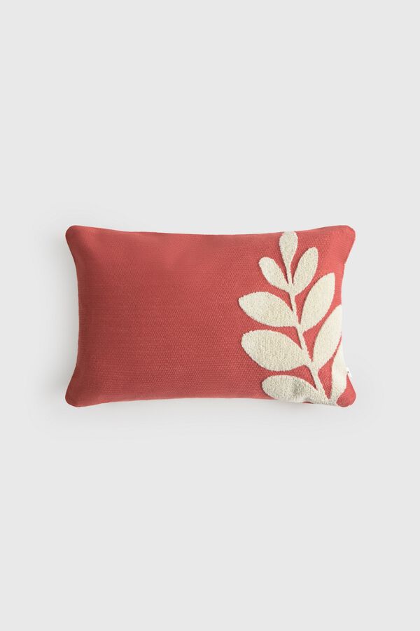Textura Cotton cushion case with embroidered leaf brown