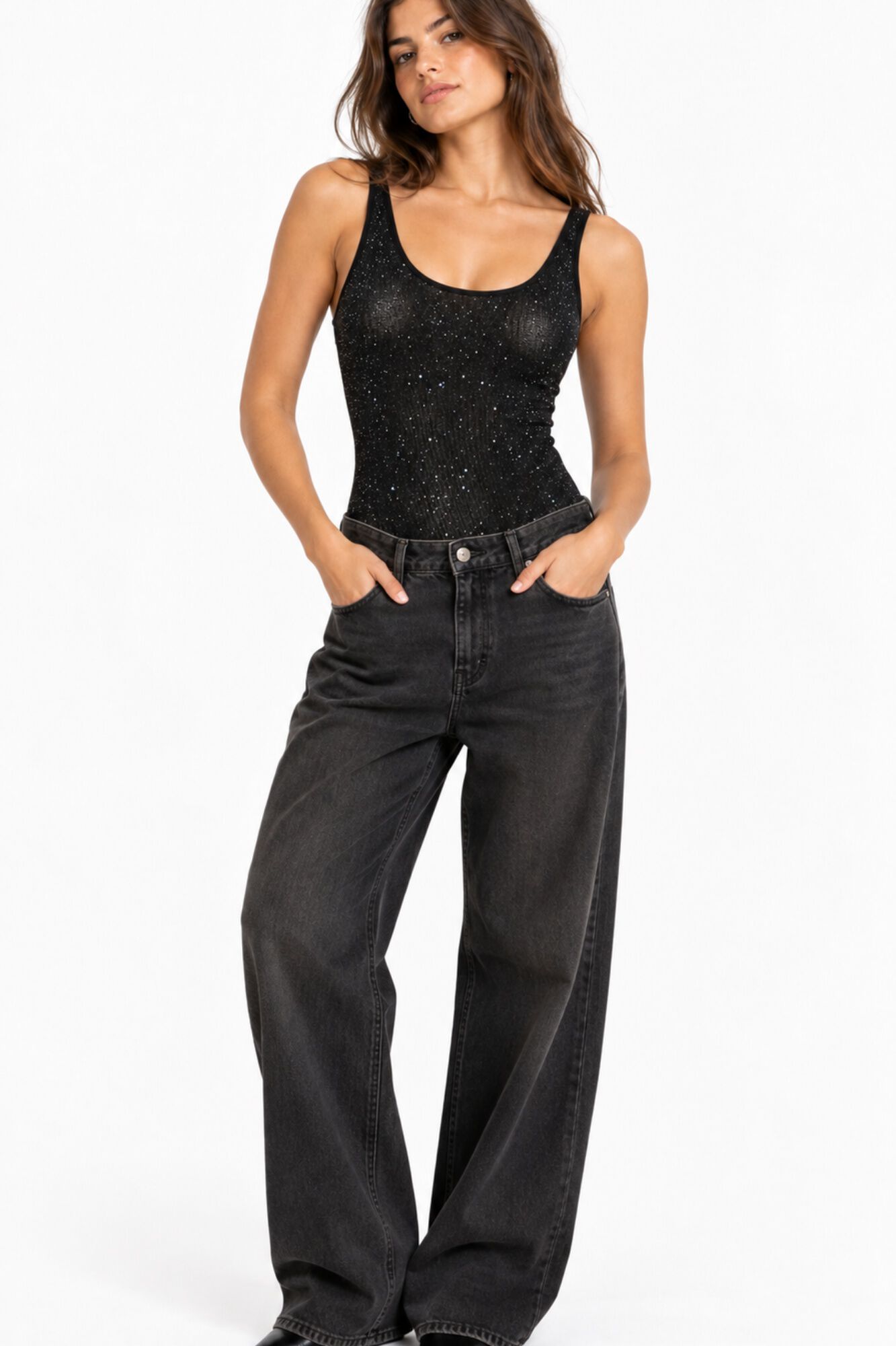 Pieces &Auml;rmelloser Body mit Glitzer