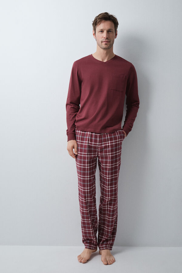 Women'secret Burgundy plaid cotton long pyjamas printed