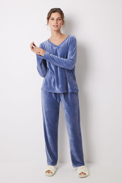 Womensecret Pyjama long bleu en velours soft touch bleu