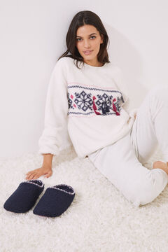 Womensecret Bézs színű hosszú pizsama, bárányszőrmés és polár szövetből fehér