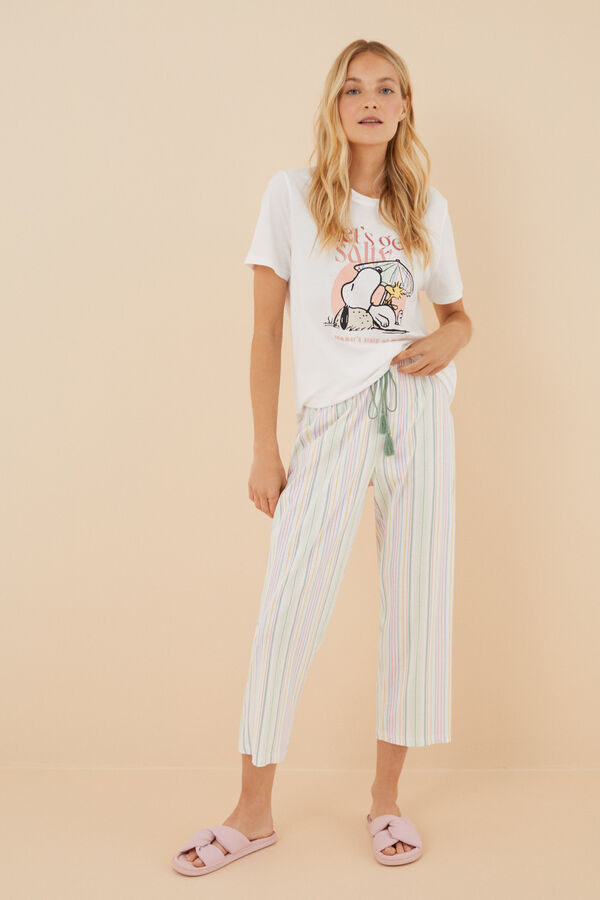 Womensecret Langer Pyjama 100 % Baumwolle Snoopy Weiß Naturweiß