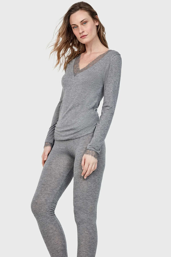 Gisela Thermal V neck T-shirt with lace grey