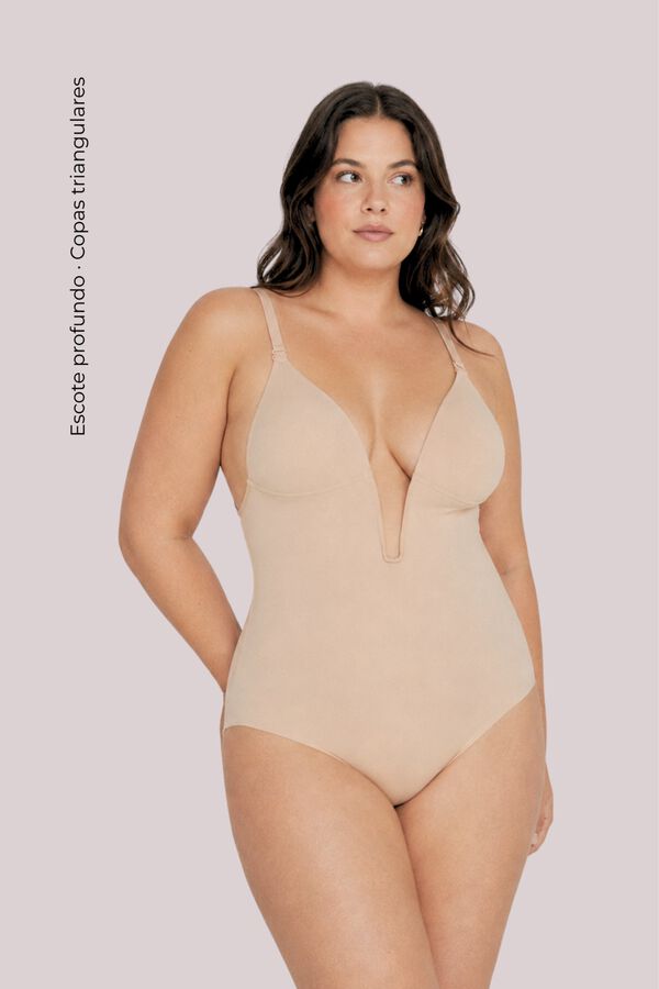 Ivette Bridal Backless bodysuit with deep nude neckline brown