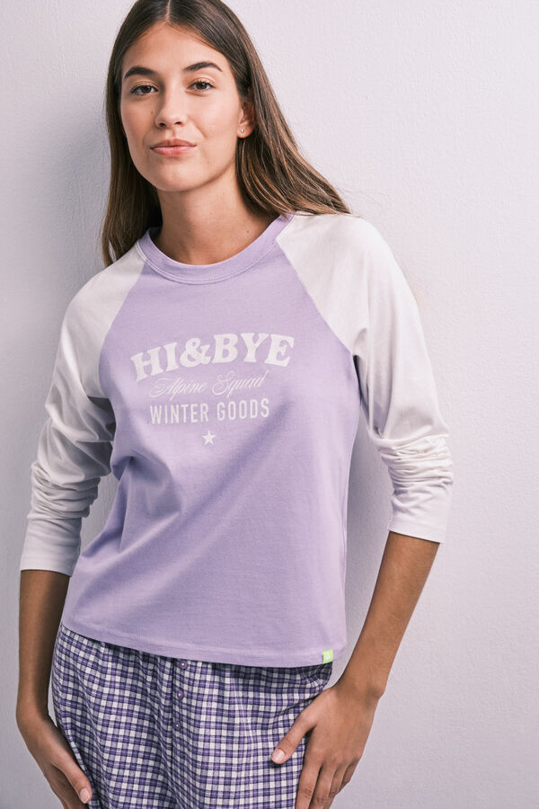 HI&BYE Purple cotton plaid long pyjamas pink