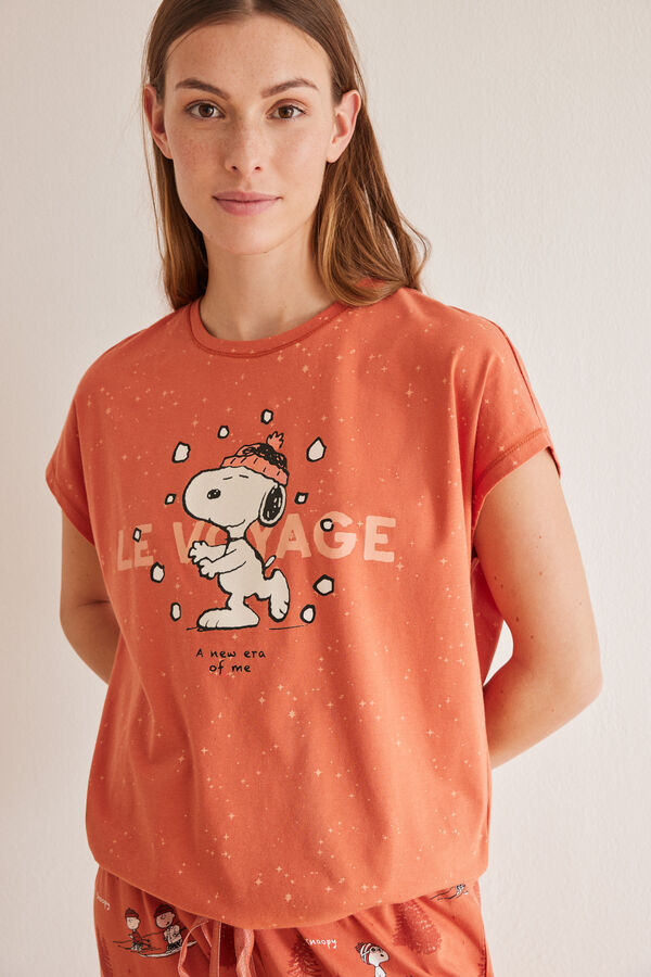 Womensecret Snoopy-mintás, 100% pamut, narancssárga kapripizsama piros