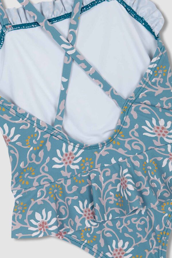 Womensecret Light blue floral print swimsuit with ruffle bleu