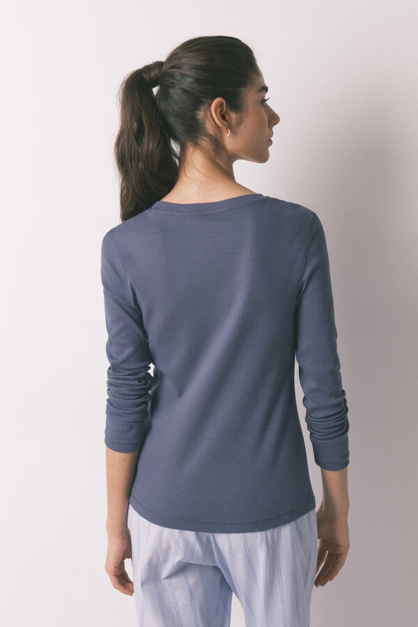 Women'secret Blue ribbed cotton long sleeve T-shirt blue