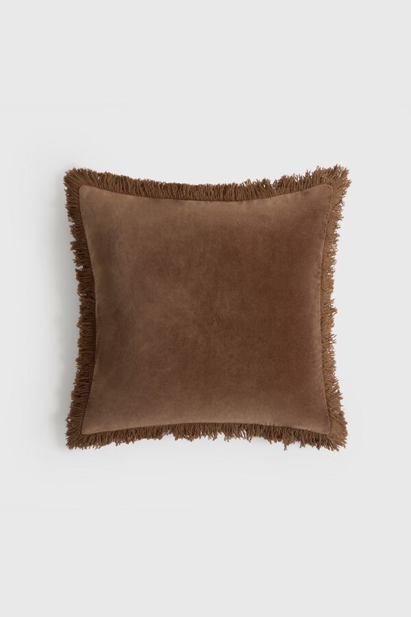 Textura Velvet cotton cushion case with fringes nude