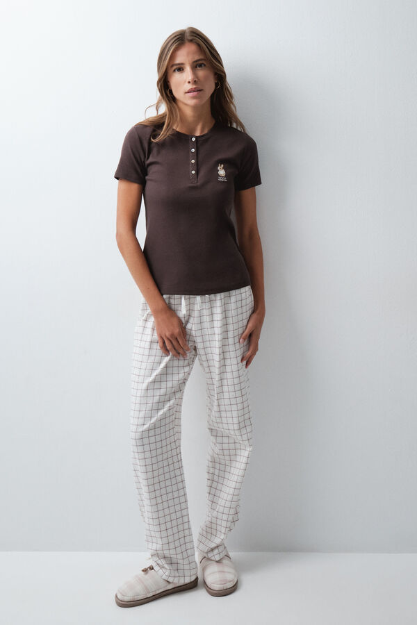 Women'secret Plaid cotton short sleeve long pyjamas nude