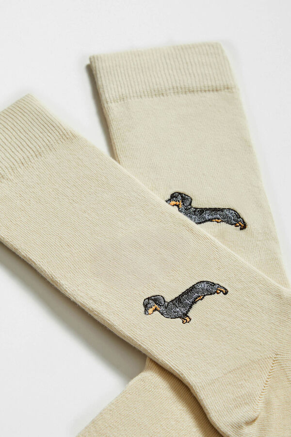 Besocks Calcetines altos print perro salchicha algod&oacute;n org&aacute;nico blanco