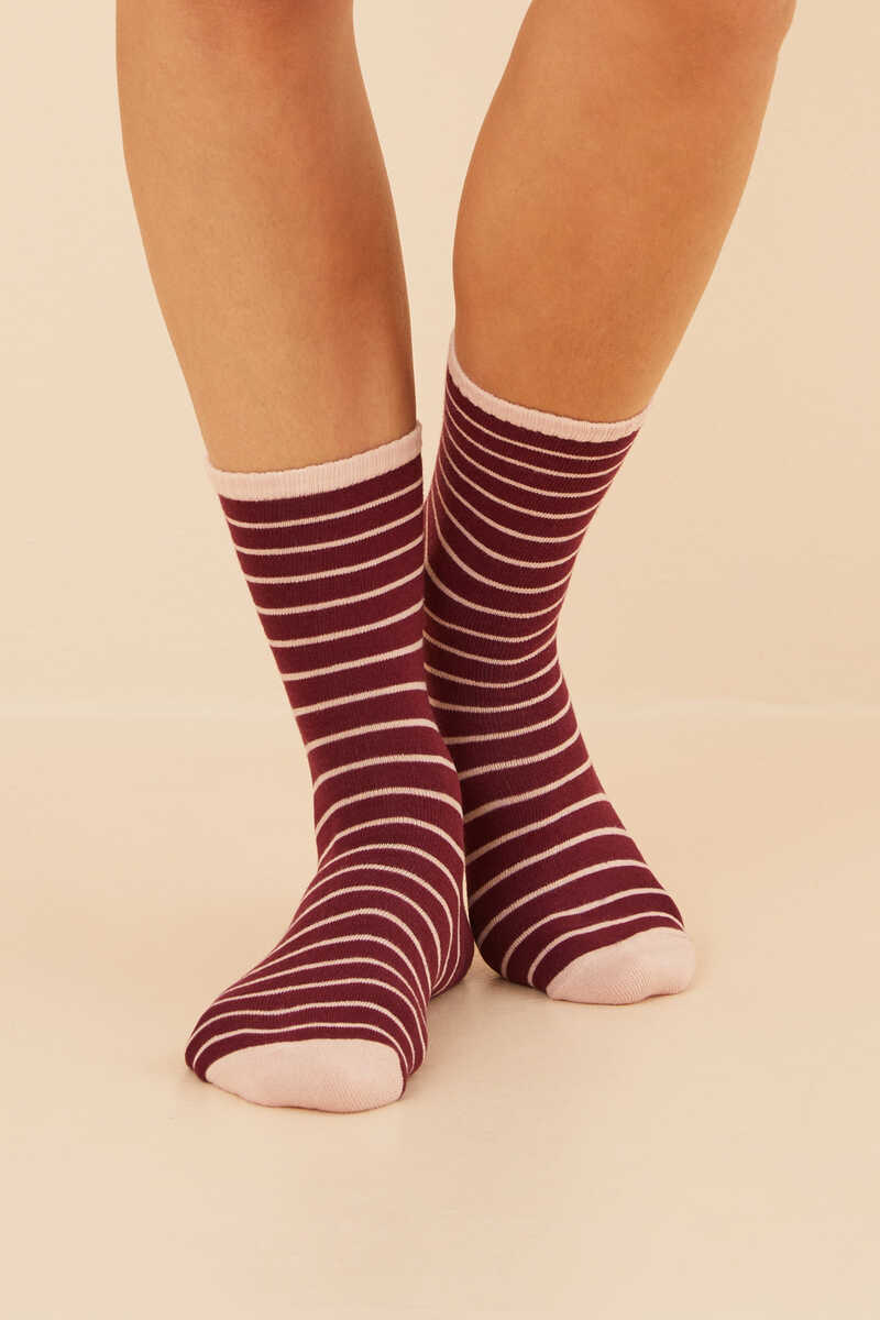 Womensecret Maroon striped cotton mid-calf socks pink