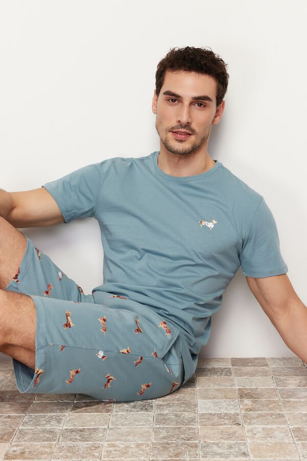Trendyol Pijama hombre algod&oacute;n estampado animal azul