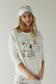 Womensecret Pyjama lang Fleece Snoopy Elfenbeinfarben Naturweiß