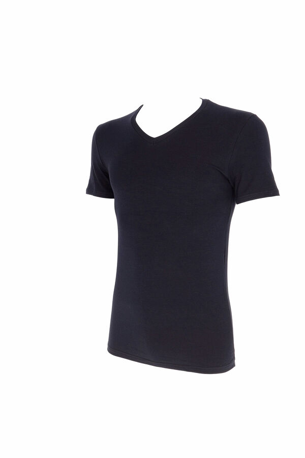 Womensecret Men's thermal short-sleeved V-neck T-shirt Schwarz