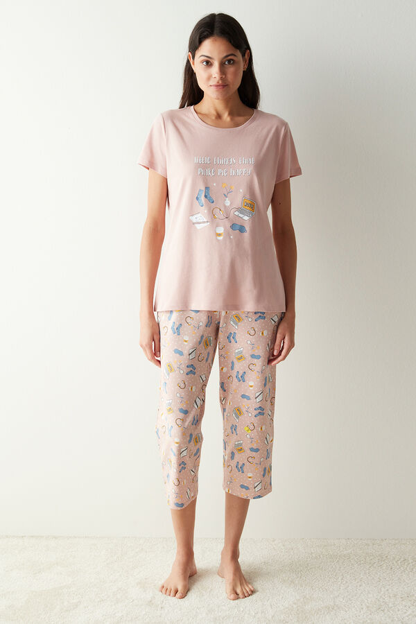 Womensecret Happy T -shirt capri pajama set rózsaszín