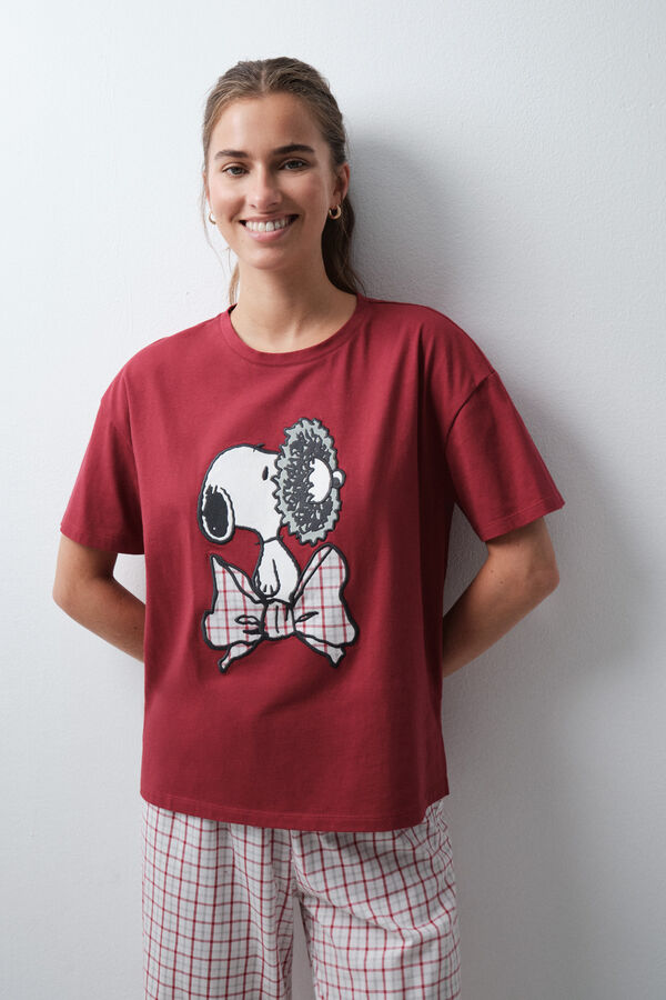Women'secret Red cotton plaid Snoopy short sleeve long pyjamas printed
