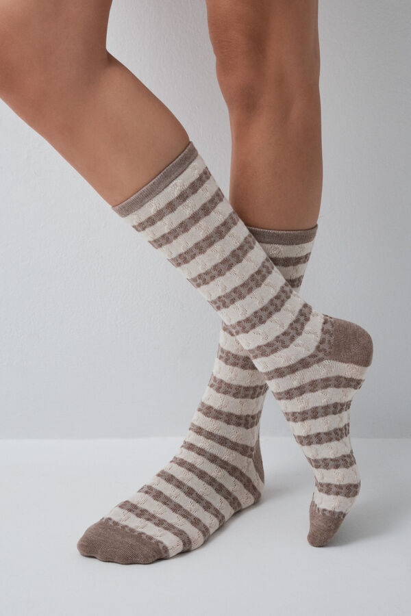 Women'secret Brown striped texture long socks nude