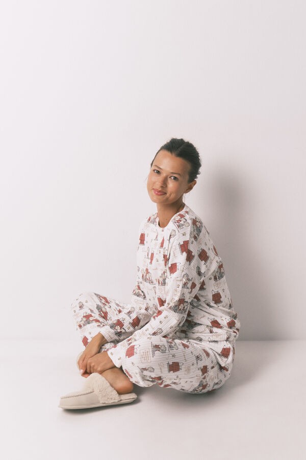 Women'secret Soft ribbed white Snoopy long pyjamas  beige