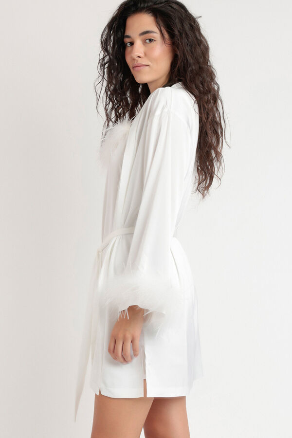 Admas Robe curta acetinada penas marabu noiva branco