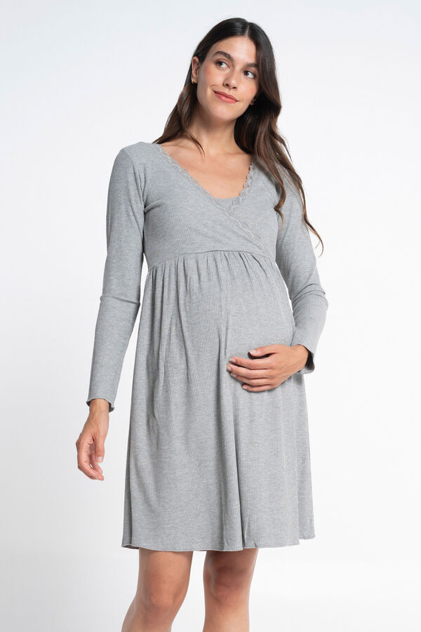 Ohma! maternity rib nightgown with crossover neckline grey
