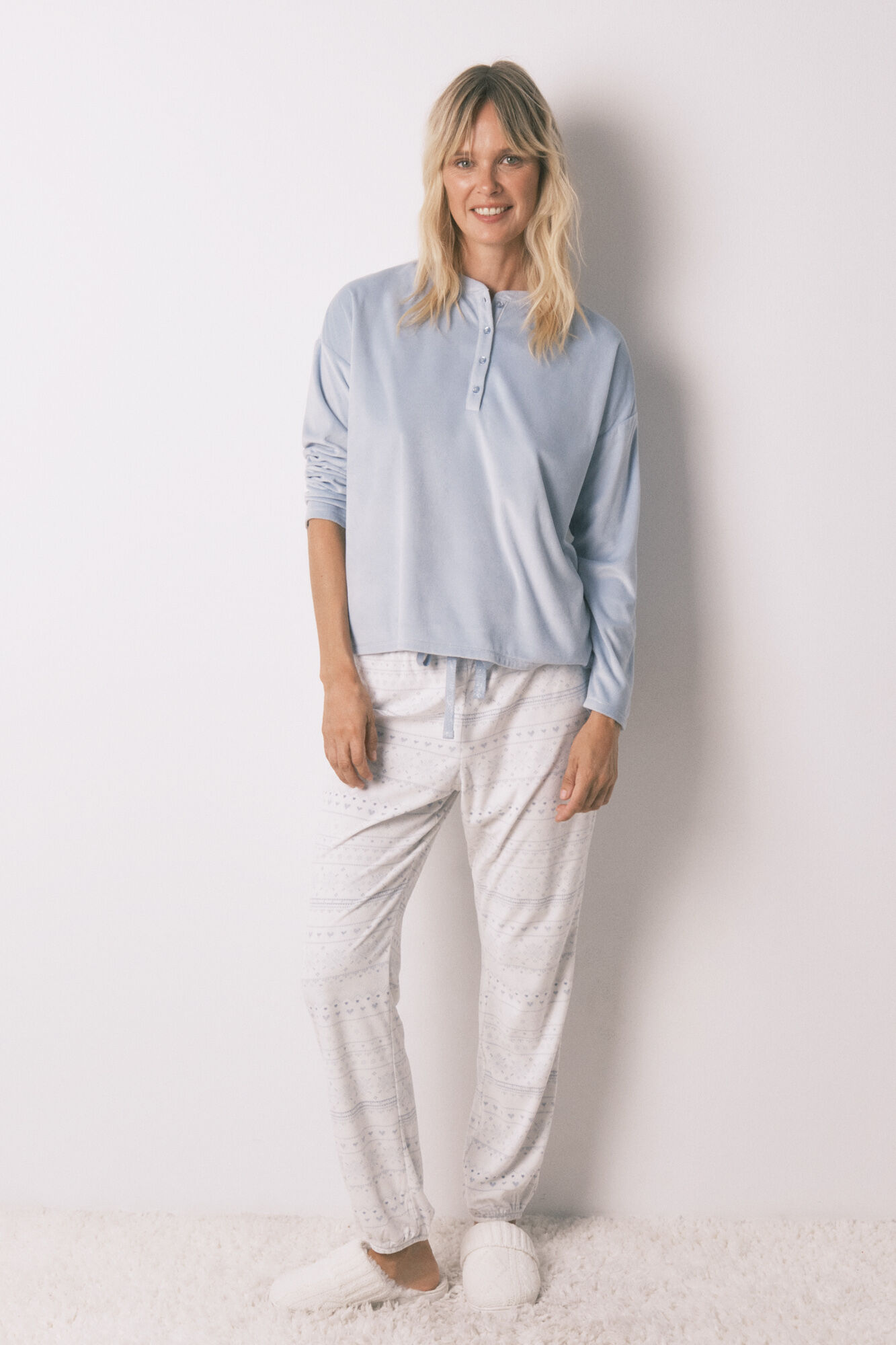 Women'secret Soft blue fleece long pyjamas with border print