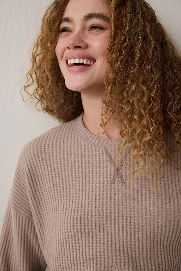 Penti Conjunto de pijama t&eacute;rmico de manga larga con cuello redondo y efecto waffle en color moca beige