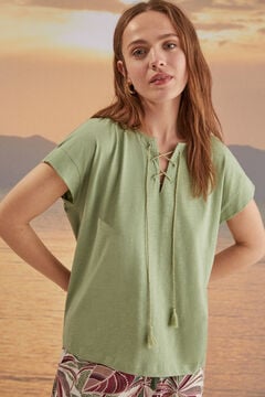 Womensecret Green 100% cotton lace-up neckline top green