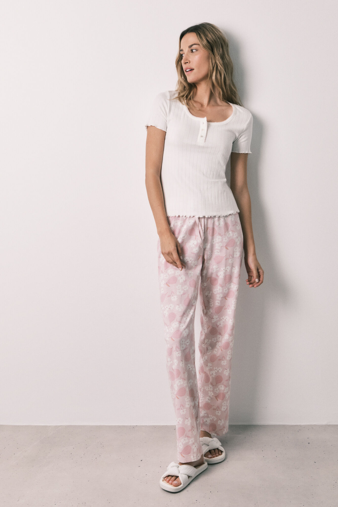 Women'secret Pijama lung cu m&acirc;necă scurtă din bumbac WHITE