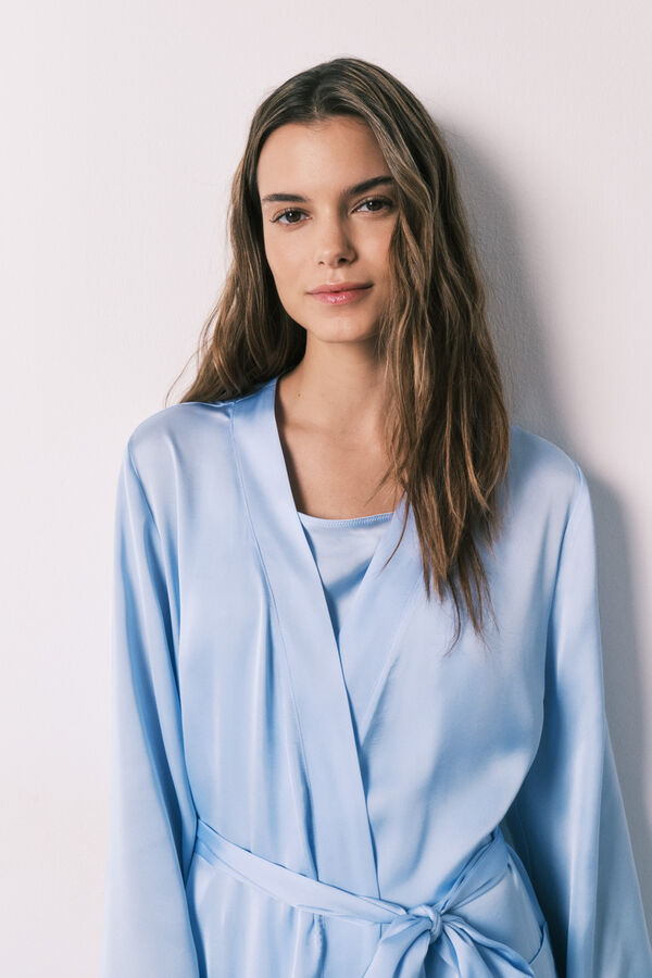 Women'secret Robe de chambre midi en satin bleue bleu