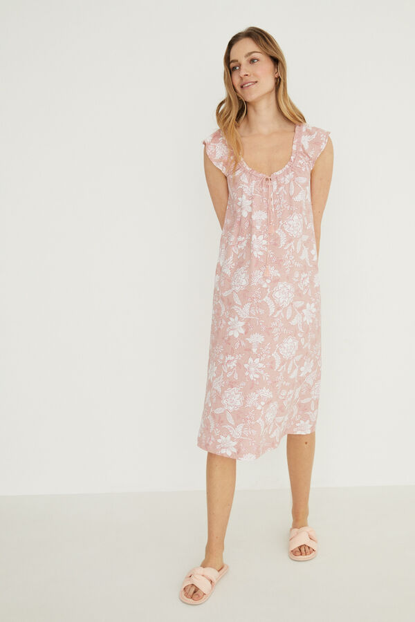 Womensecret Midi Nachthemd 100 % Baumwolle Rosa mit Blumen-Print Rosa