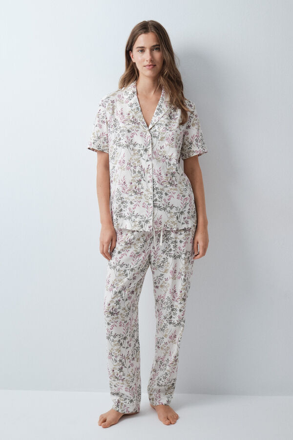 Women'secret Pyjama long chemise manches courtes &agrave; fleurs beige